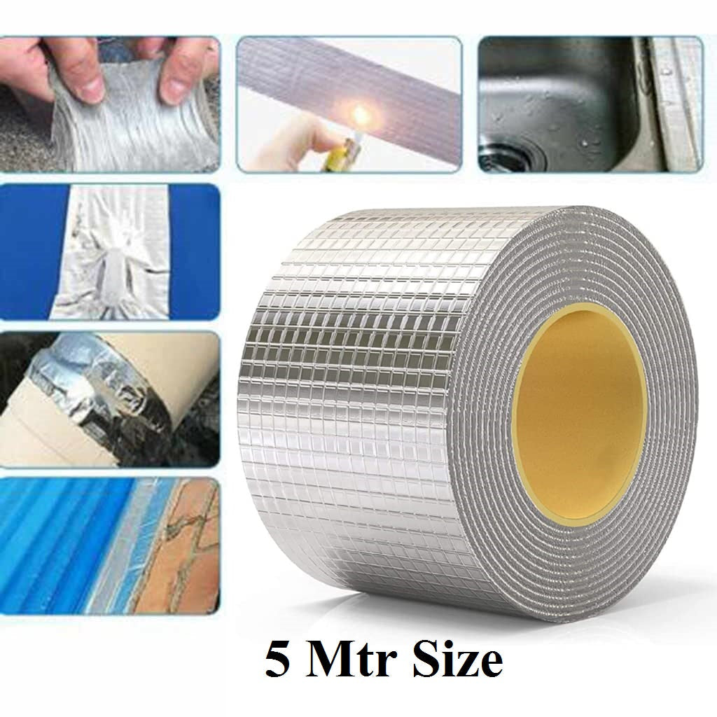 Waterproof Aluminium Rubber Tape for Leakage Repair, Hot & Cold Temperature Aluminium Foil Tape, Perfect for Sealing Roof & Water Leakage (5 Mtr) 5x5 Waterproof Aluminium Rubber Tape for Leakage Repair, Hot & Cold Temperature Aluminium Foil Tape, Perfect for Sealing Roof & Water Leakage (5 Mtr) 5x5
